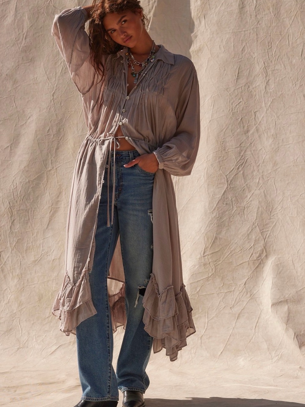 Free People Taupe Midi Ruffle Button-Front Dress